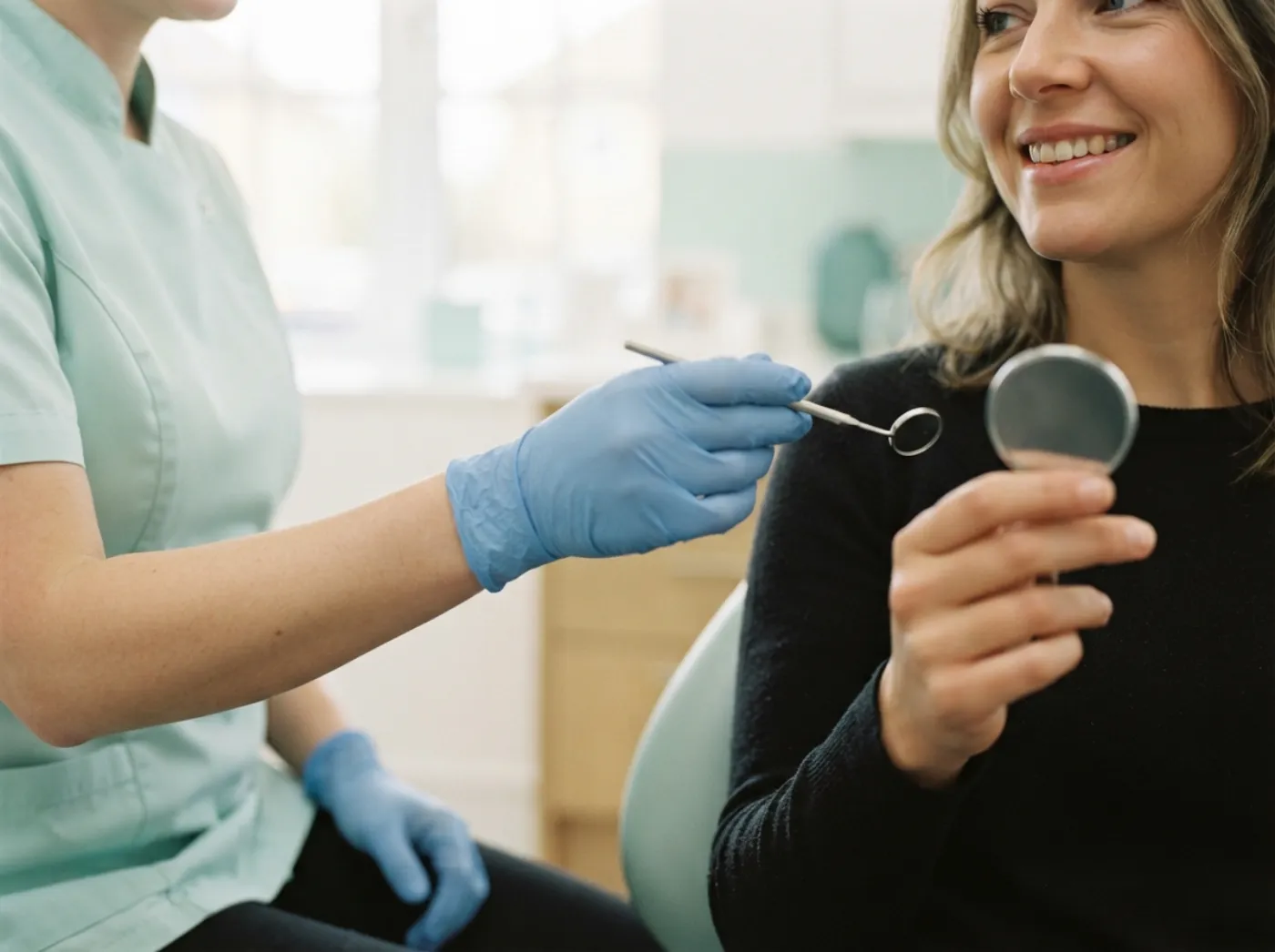 A nurse hands a patient a mirror to see her smile