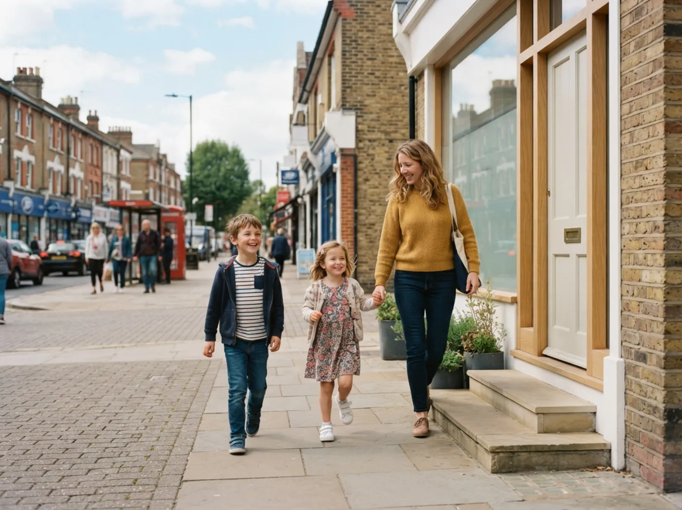 A mother and two children leaving the practice onto a sunny high street