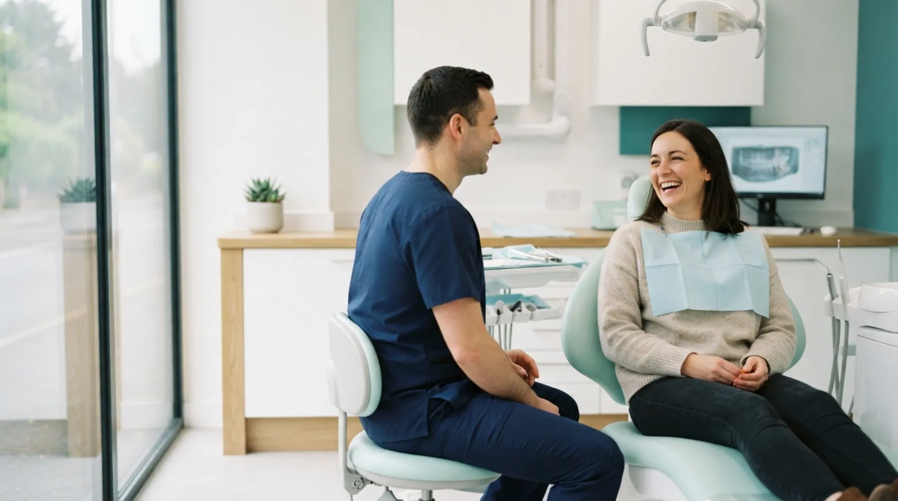 A patient laughing with her dentist in a bright surgery